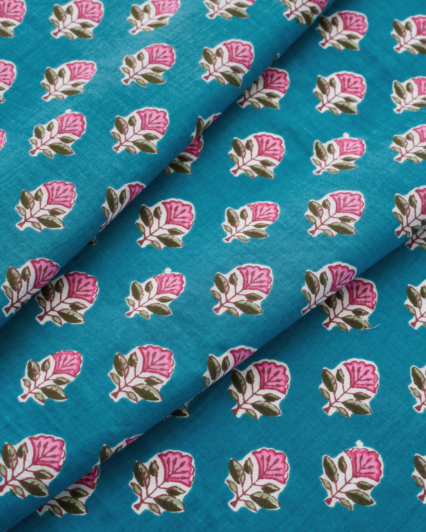 Pink and Light Blue Bloom Block Print Cotton