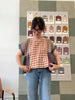 patchwork linen collage gather top for fall
