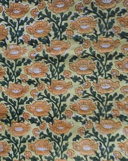 Yellow and Green Metallic Floral Block Print Cotton