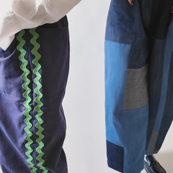 models wearing blue weekend chore pants made in patchwork denim