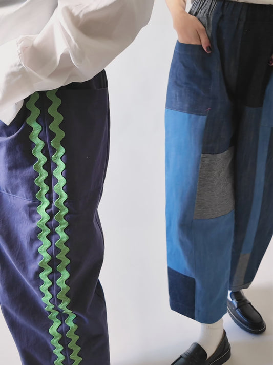 models wearing blue weekend chore pants made in patchwork denim