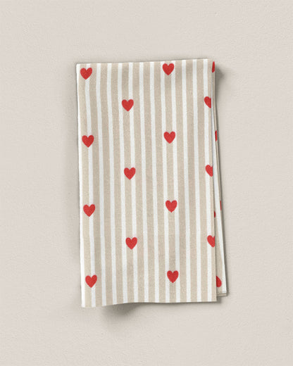 Tan Stripe Red Heart Block Print Cotton