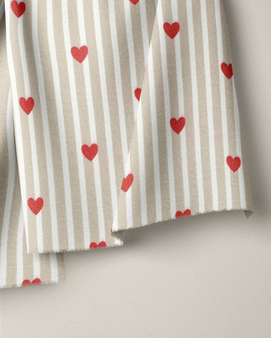 Tan Stripe Red Heart Block Print Cotton