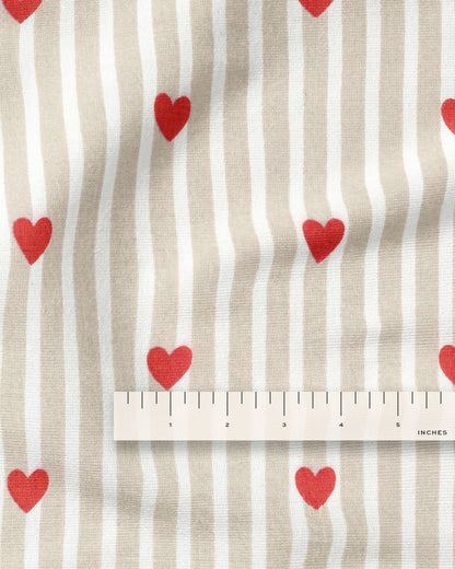 Tan Stripe Red Heart Block Print Cotton