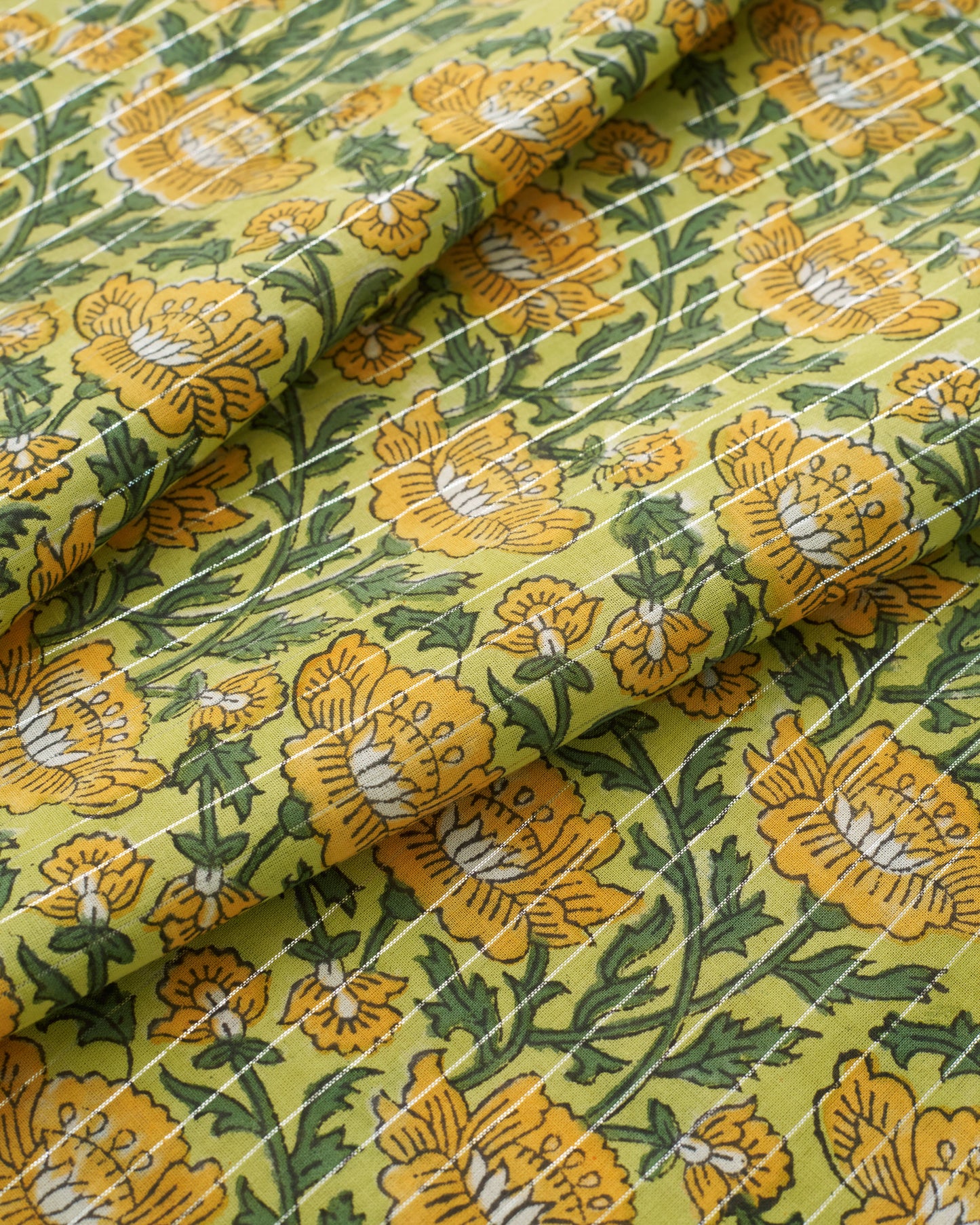 Yellow and Green Metallic Floral Block Print Cotton