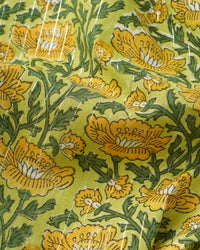Yellow and Green Metallic Floral Block Print Cotton
