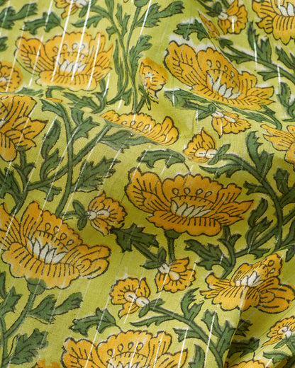 Yellow and Green Metallic Floral Block Print Cotton