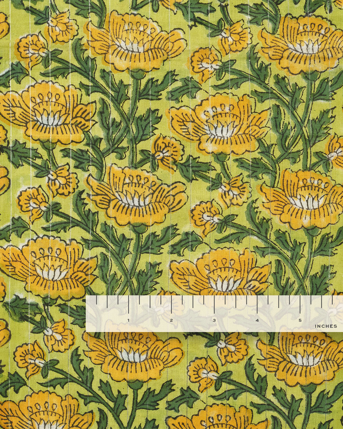 Yellow and Green Metallic Floral Block Print Cotton