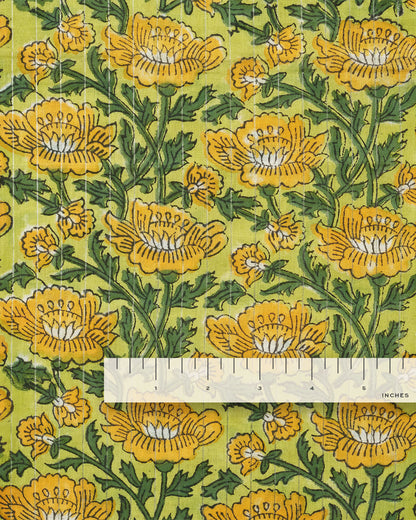 Yellow and Green Metallic Floral Block Print Cotton