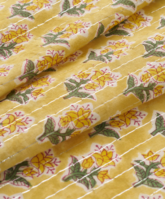 Yellow Metallic Bloom Block Print Cotton