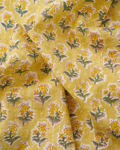 Yellow Metallic Bloom Block Print Cotton