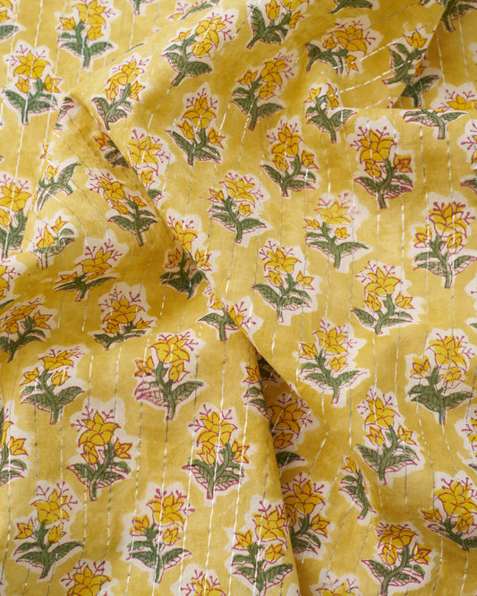 Yellow Metallic Bloom Block Print Cotton